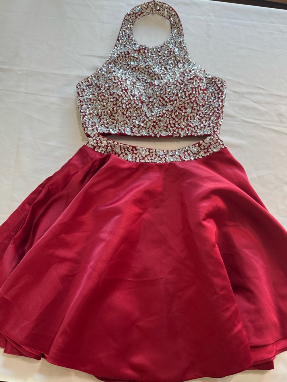 Red Rhinestone Two Piece Prom Dress Set Halter Beaded Formal